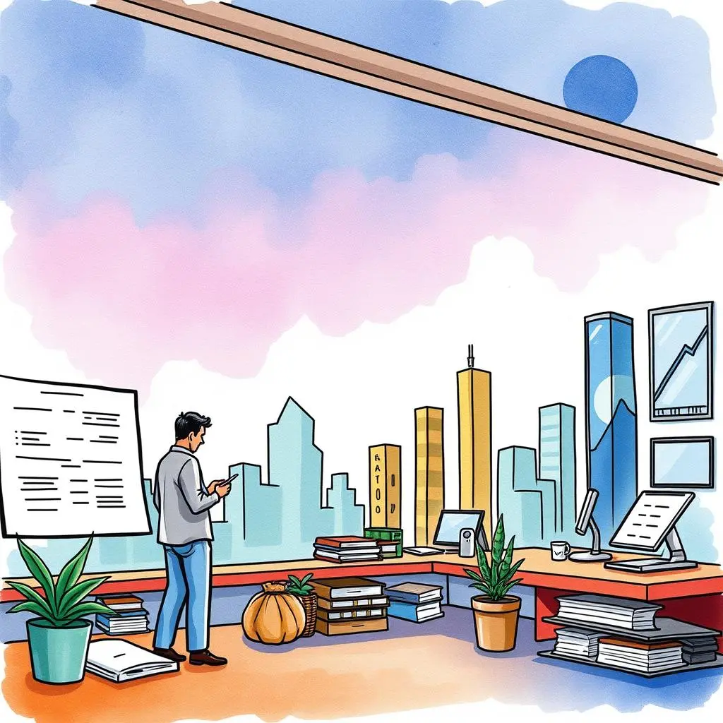 Scenario comparison tool: Compare potential outcomes of various financial scenarios 1 Financial analyst evaluating scenarios with a city skyline backdrop.