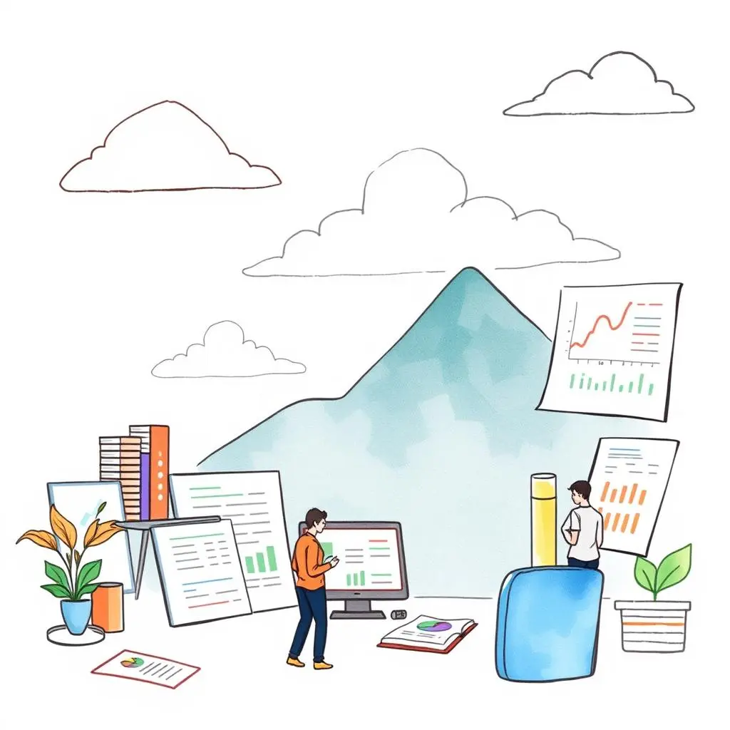 Variance analysis explanator: Break down variance results into easy-to-understand summaries 1 Variance analysis scene with professionals reviewing financial reports and charts alongside tools and data visualization.