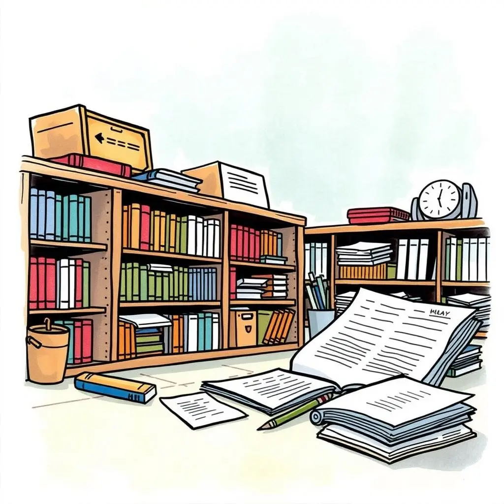 Archive organizer robot: Classify and summarize archived financial documents 1 Robot organized workspace with financial documents and books.
