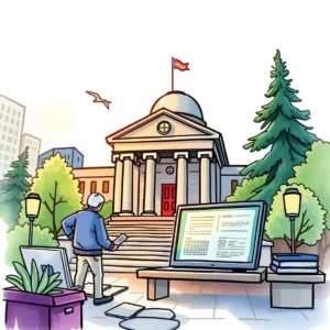 Professional examining financial report terminology outside a government building.