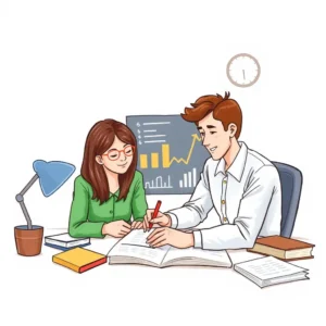 A young woman and a man collaborate on financial documents with charts in the background.