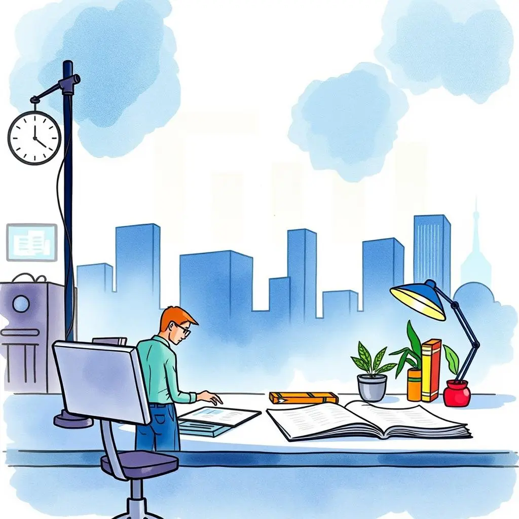 Financial statement analyzer: Summarize key points from financial statements 1 Person analyzing financial reports at a desk with a city view.