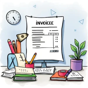 Colorful workspace with invoice, stationery, and financial documents organized.