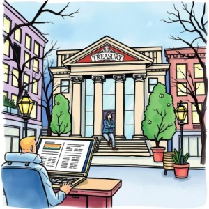 Quick report dispatcher: Fast delivery of financial reports to stakeholders 4 User managing financial reports outside a treasury building.