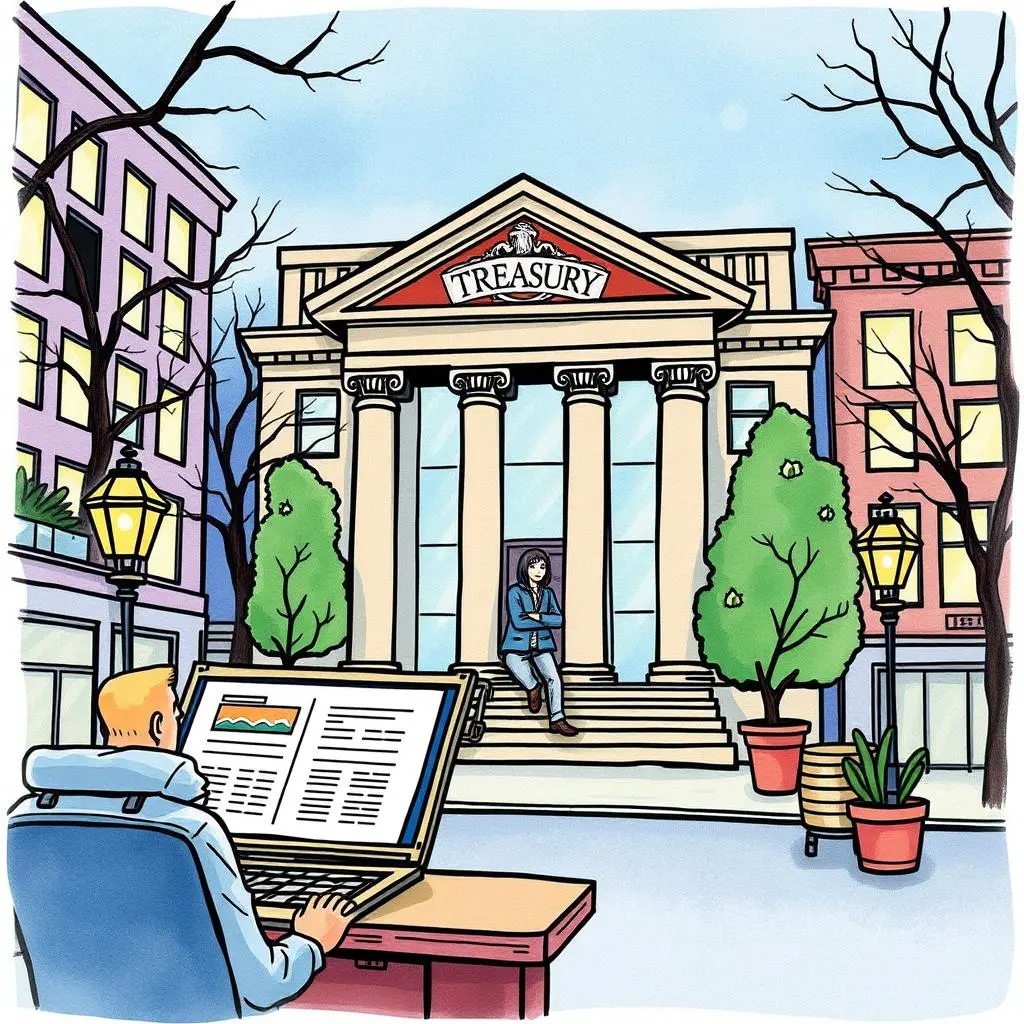 Quick report dispatcher: Fast delivery of financial reports to stakeholders 1 User managing financial reports outside a treasury building.