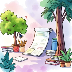 Summary Validator illustration featuring a workspace with financial reports, greenery, and stationery tools