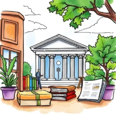 A professional illustration of a treasury analyst preparing financial reports outside an institutional building
