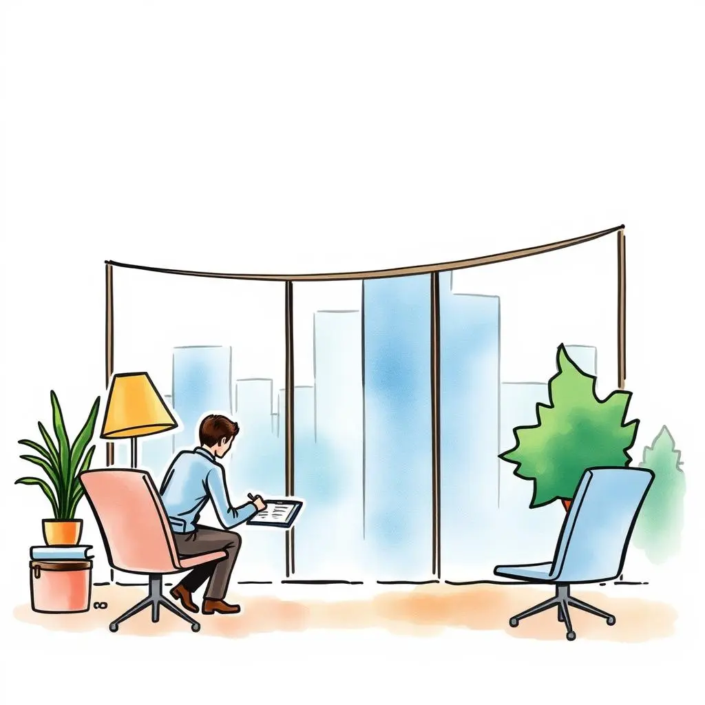 Approval notes creator: Quickly draft approval notes for financial reports 1 A person drafting approval notes in a cozy office setting with city view and indoor plants.