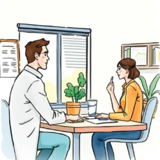 Two professionals discussing complaint progress at a desk.