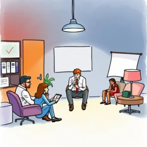 Group discussion in a professional setting focused on conflict resolution.