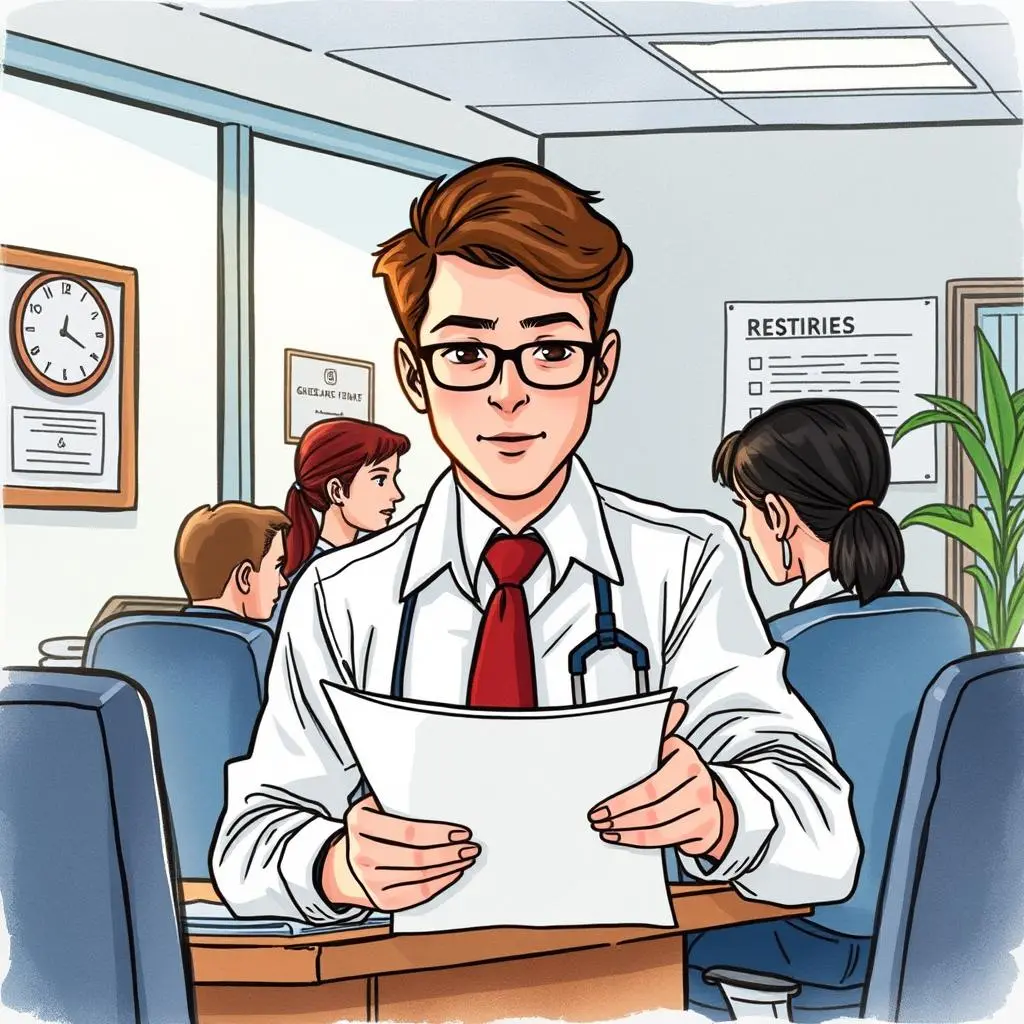 A young professional in an office holds a document while colleagues engage in discussion behind him.