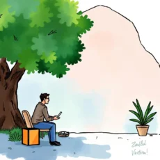 A professional evaluating reports in a serene outdoor setting.