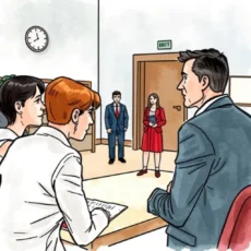 Employees discussing witness identification during a grievance handling meeting.