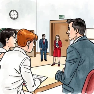 Employees discussing witness identification during a grievance handling meeting.