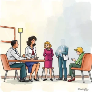 Group of professionals discussing witness relevance in a grievance meeting.