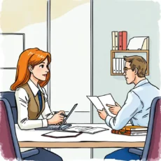 Two professionals discussing client communication at a modern office desk.