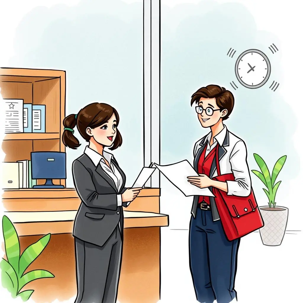 Client request simplifier: Streamline and clarify client requests 1 Two professionals exchanging client requests at a reception desk.