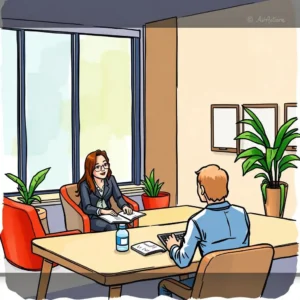 A professional discussion between a client relations manager and a client in a modern office setting.