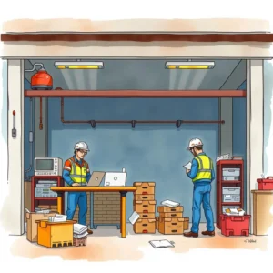 A team of safety professionals analyzes data and documents in a workplace safety setting.