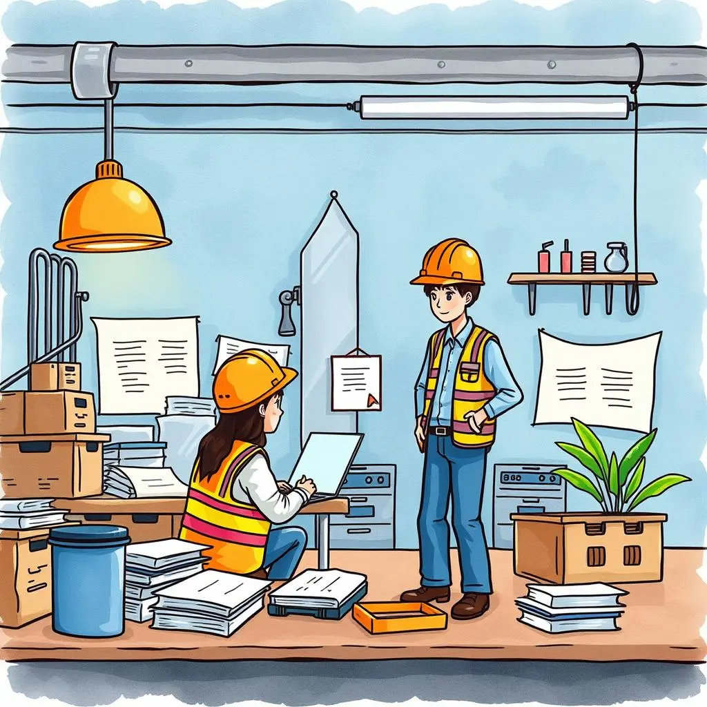 Resource budget overview: Summarize budget allocation for safety resources 1 Two construction workers reviewing budget documents in a safety resource office.