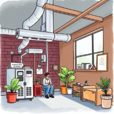 A person reviews HVAC performance in a well-lit room with plants and cooling equipment.