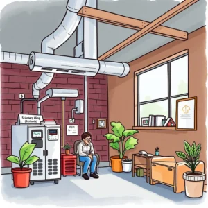 A person reviews HVAC performance in a well-lit room with plants and cooling equipment.