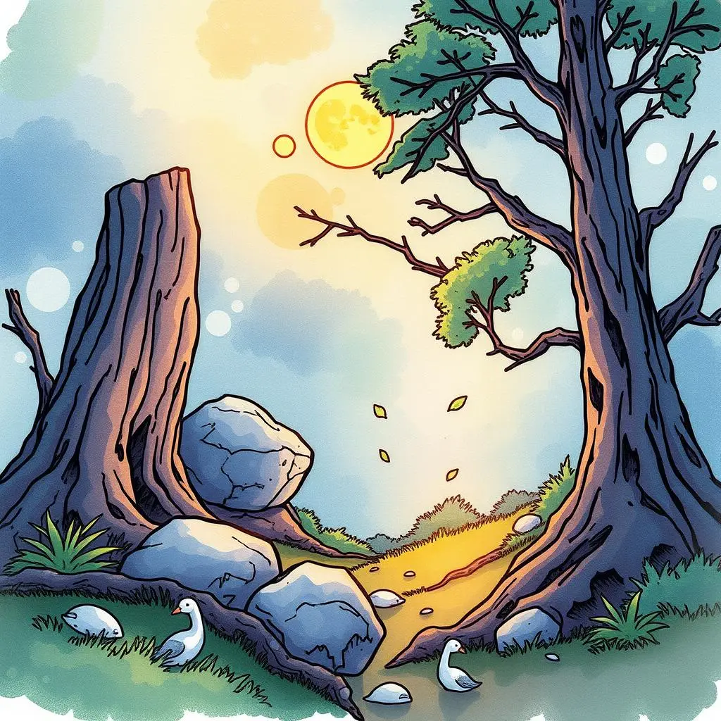 Hyperparam navigator: Assist in navigating hyperparameter tuning options 1 A serene forest scene with two trees, rocks, and a gentle stream to illustrate navigation options.