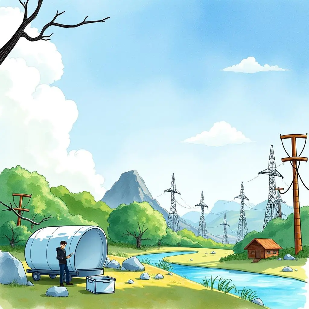 A person evaluating environmental impact near a river with power lines in the background.