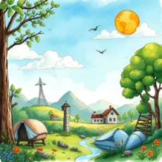 A tranquil landscape featuring hills, a river, a house, and natural elements for CSR initiatives