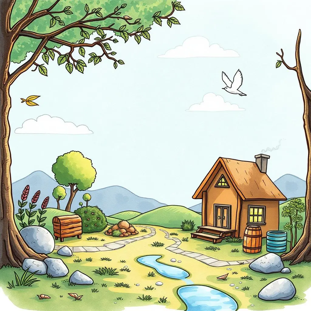 A serene, illustrated landscape featuring a cozy house, trees, and a winding path symbolizes sustainability.