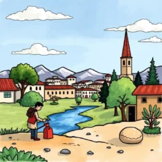 A person collects water by a river in a scenic village, showcasing community engagement and environmental impact.