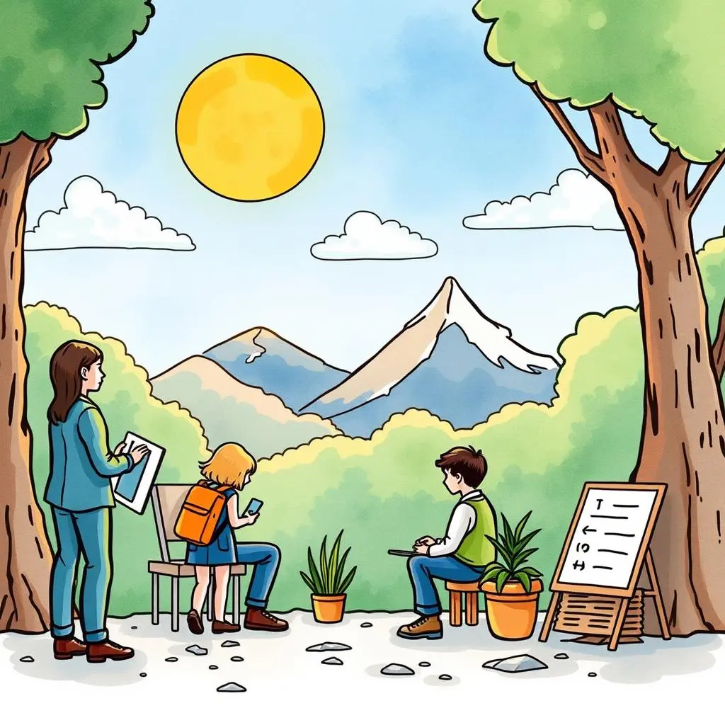 Impact analysis assistant: Create summaries of program effectiveness data 1 A group of individuals engages with nature while assessing data in an outdoor setting.
