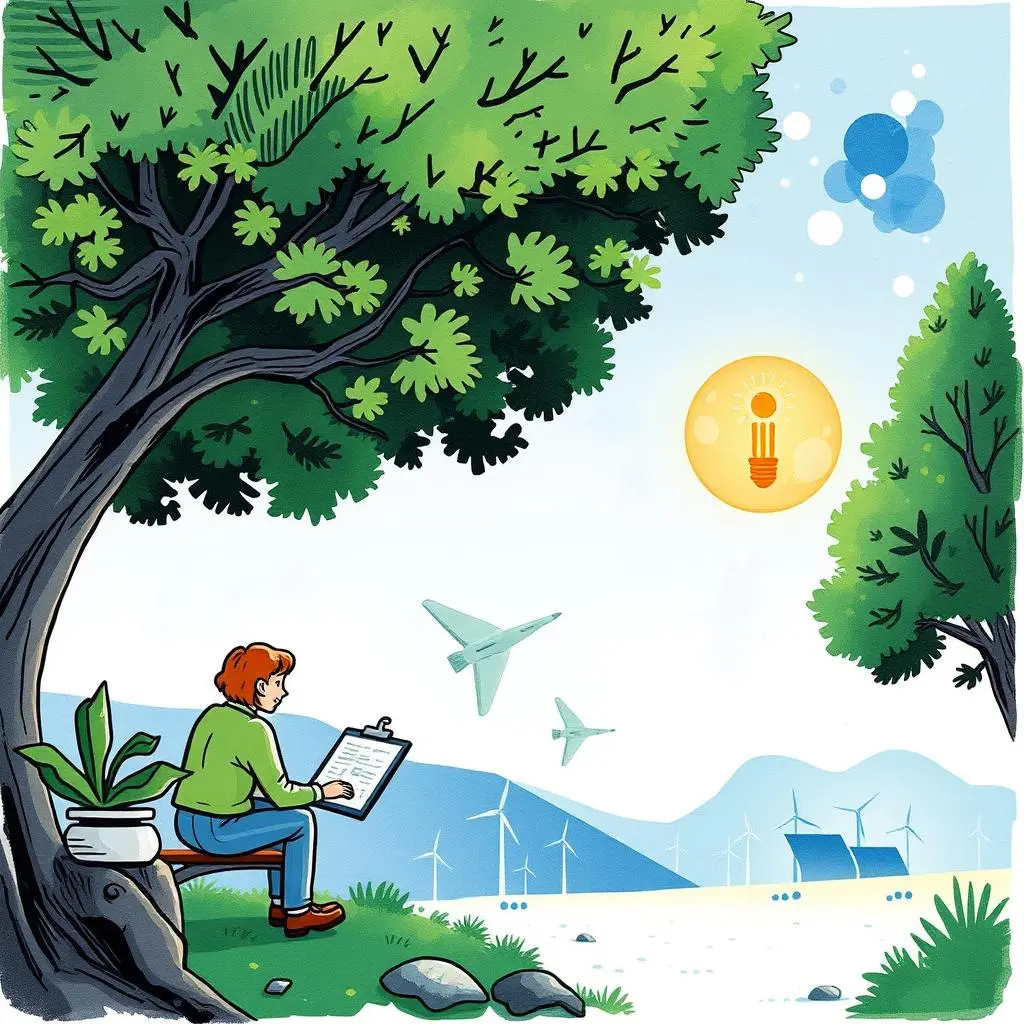 Participation data analyzer: Evaluate incentive program engagement trends 1 A person analyzes data outdoors near wind turbines and a bright light bulb icon, reflecting energy engagement trends.