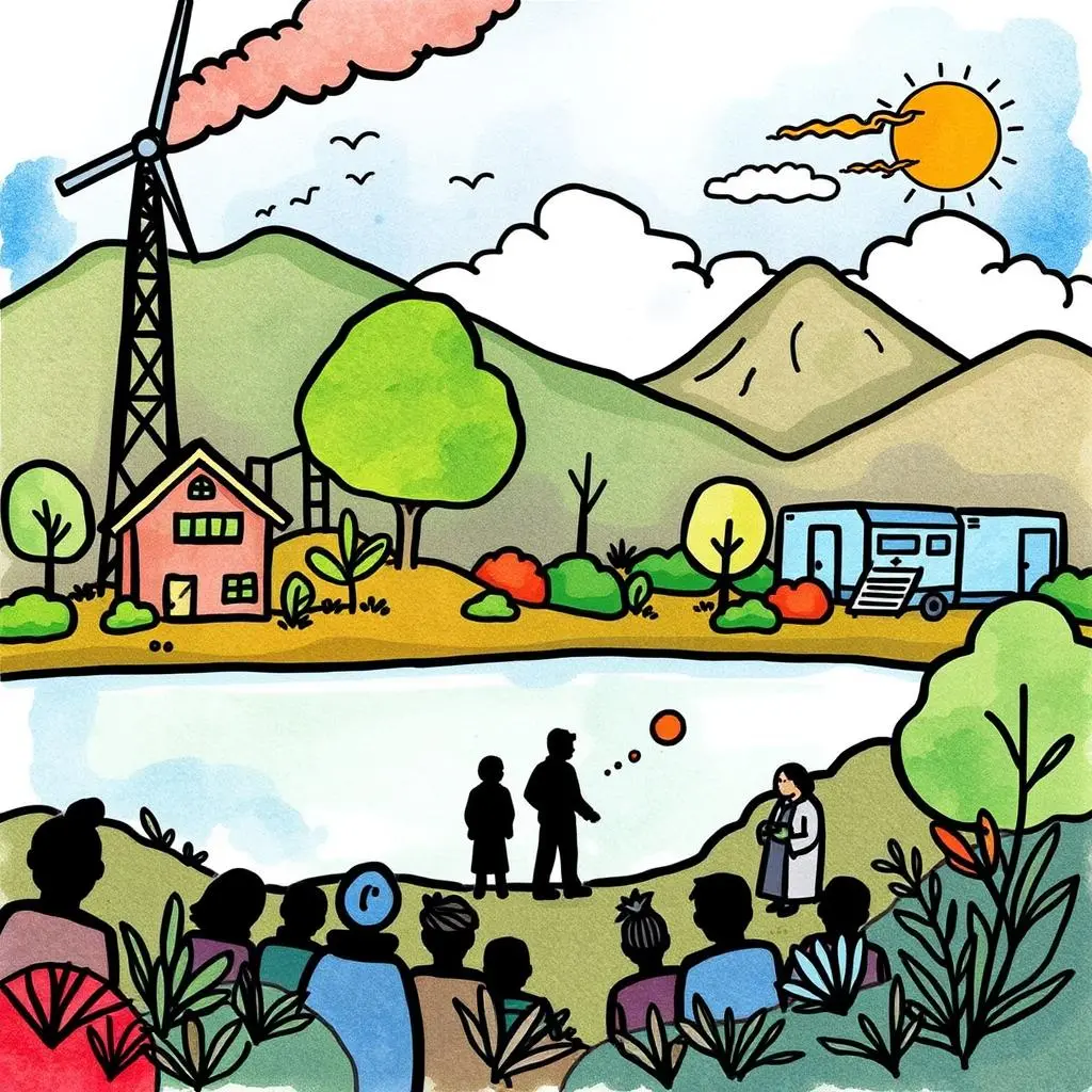 Results overview generator: Summarize overall results of participation efforts 1 Colorful scene depicting energy initiatives in nature, showcasing community engagement.