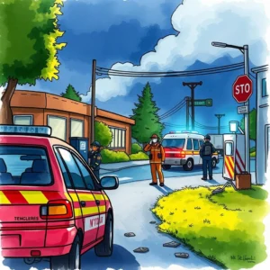 Illustration of a post-incident scene with emergency responders and vehicles.