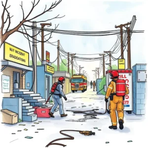 Incident evidence summarizer: Create concise overviews of incidents 3 Walking incident response team alongside utility trucks in a streetscape focused on evidence eradication.