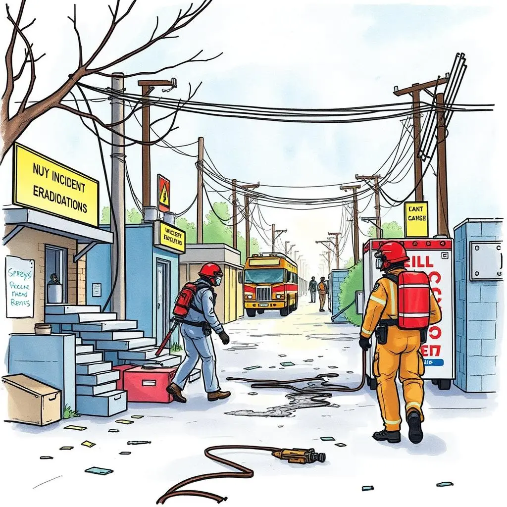 Incident evidence summarizer: Create concise overviews of incidents 1 Walking incident response team alongside utility trucks in a streetscape focused on evidence eradication.