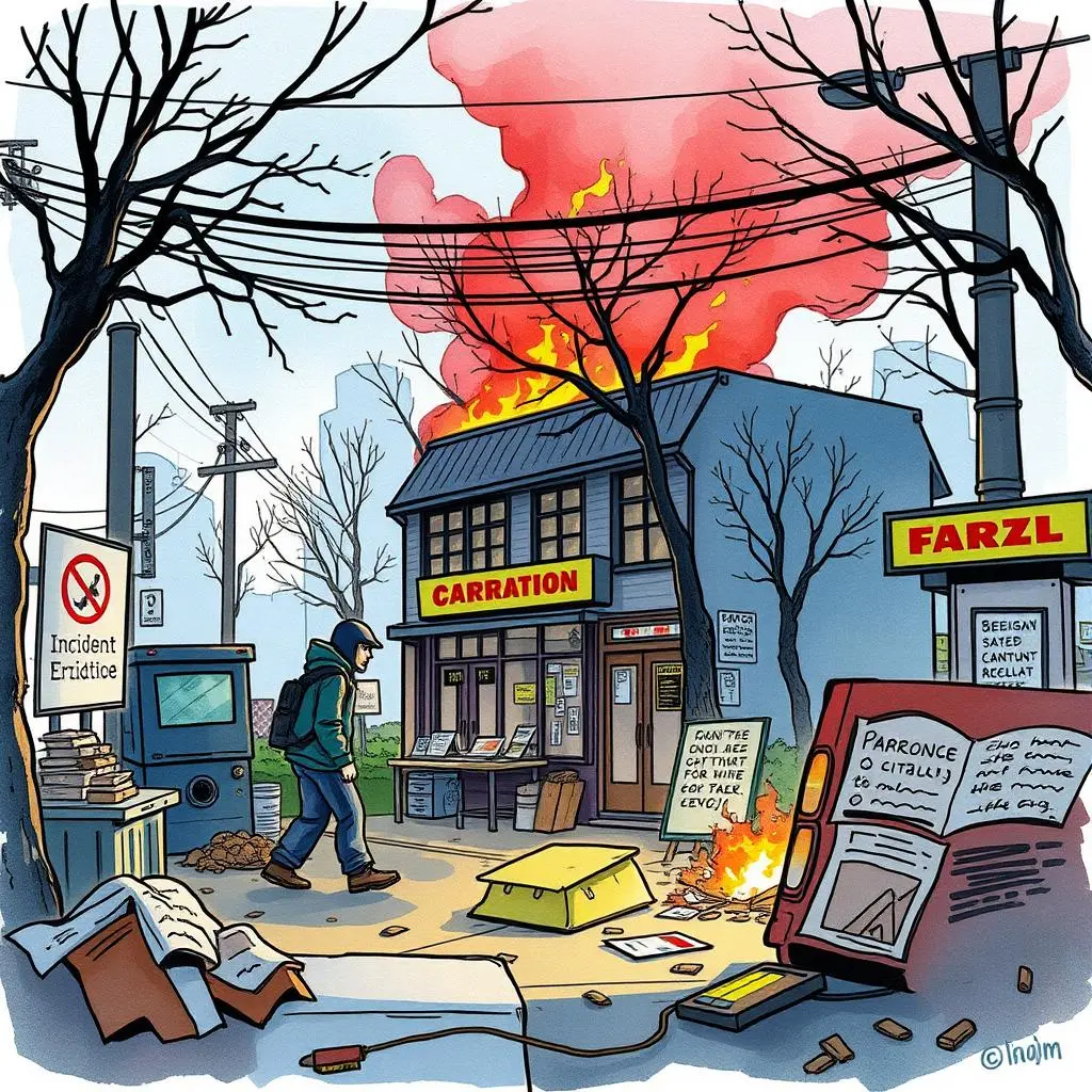 Incident pattern recognizer: Recognize patterns in incident reports 1 A chaotic scene with a burning building and a vigilant observer.