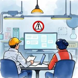 Two safety professionals analyzing data on a computer in a lab setting.