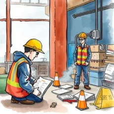 Two construction workers analyzing documents in a warehouse setting.