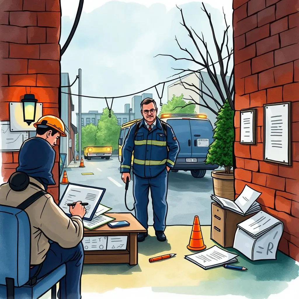 Incident findings report maker: Generate findings reports for management review 1 A safety officer meets an investigator outside a facility, coordinating incident findings reports.