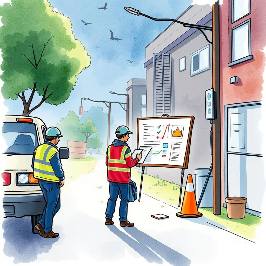 Two safety professionals review an incident report with charts and data outside in a professional setting.