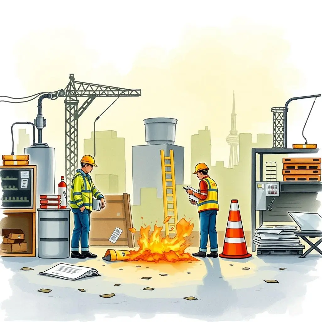 Safety incident template creator: Create structured templates for incident reports 1 A construction site incident with workers monitoring a fire and safety equipment present.