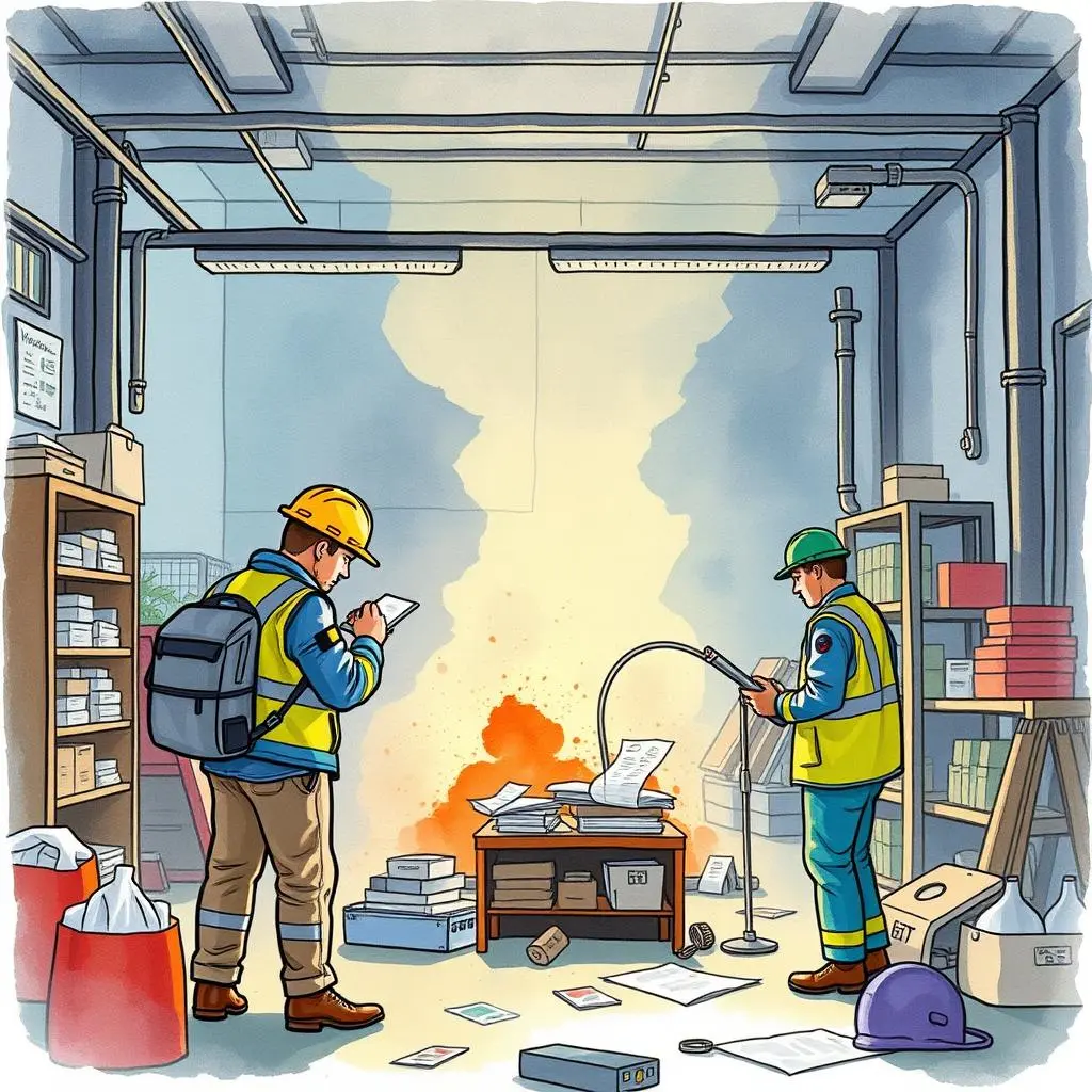 Witness data insight generator: Generate insights from collected witness data 1 Safety investigators assessing an incident scene in an ehs setting.
