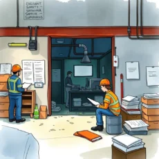 Workers in safety gear reviewing documents in an EHS incident investigation office.