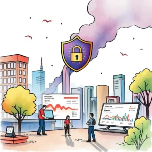 Incident analysis synthesizer visualizes security data trends with analysts discussing insights outdoors.