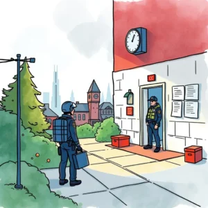 Incident clairvoyant: Predict potential outcomes based on incident reports 3 Security personnel assessing an incident outside a facility entrance.
