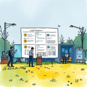 Analysts discussing incident management summaries in a outdoor setting.
