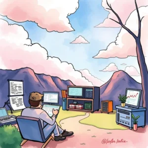 Professional working on incident resolution in a serene landscape.
