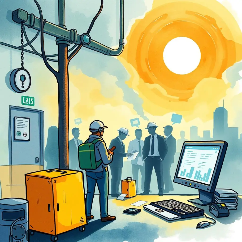 Policy simplifier: Simplify complex incident policies into actionable guidelines 1 A person with a backpack observes a group discussing incident policies in a facility setting.